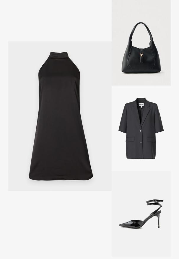 Sort kortærmet blazer med hakket revers, to forreste knapper og klaplommer, mærket med "PIECES" inde i kraven.; Sort halterneck kjole med tætsiddende overdel og flagrende silhuet. Lavet af glat, letvægtsstof med en ensartet tekstur.; Sort laklæder spids tå stilet hæl med tynde ankremme og lille spænde.; Sort læderhåndtaske med en struktureret overflade, buet form og et guldfarvet metalbeslag. Har et enkelt håndtag og en låsedetalje.