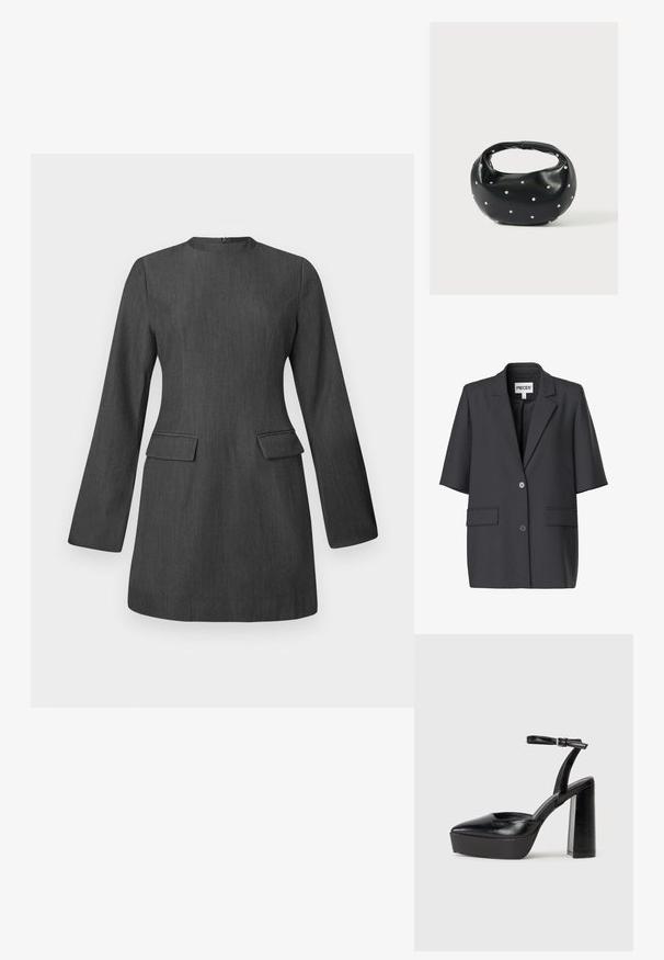 Blazer negro de manga corta con solapas con muesca, dos botones delanteros y bolsillos de solapa, con etiqueta "PIECES" en el interior del cuello.; Vestido gris a medida con mangas largas, escote redondo y dos bolsillos frontales. Hecho de una tela texturada, presenta un diseño elegante y estructurado.; Zapatos de tacón negro con punta afilada y correa ajustable en el tobillo. Confeccionados en cuero suave, presentan un tacón grueso.; Bolso de mano de cuero negro con forma redondeada, decorado con detalles de tachuelas plateadas y un asa corta. Textura lisa y cierre con cremallera.