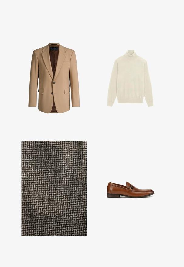 Blazer beige à simple boutonnage avec deux boutons, revers crantés, poches à rabat et doublure intérieure marron.; Pull à col roulé manches longues de couleur crème avec poignets et ourlet côtelés, posé à plat sur un fond blanc.; Tissu en pied de poule noir et gris, tissage texturé avec un motif classique, parsemé de nuances claires et foncées, surface douce.; Mocassins en cuir marron avec un bout arrondi, arborant une bride décorative noire sur le dessus. Semelle plate avec une texture lisse.