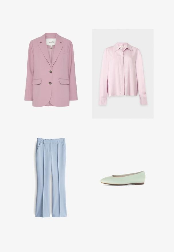 Roze blazer met een gestructureerde stof, met notch-kleppen, twee voorzakken en twee knoopsluitingen. Label zichtbaar aan de binnenkant met het merk Y.A.S.; Lichtroze blouse met lange mouwen, kraag, verborgen knoopsluiting en op maat gemaakte manchetten, weergegeven op een effen lichte achtergrond.; Lichtblauwe flared broek van een gladde stof, met twee voorzakken, een platte voorkant en een getailleerde tailleband met riemlussen.; Licht mintgroene leren ballerina met een ronde neus, minimalistisch ontwerp en een platte zool, met een gladde textuur en zonder versieringen.