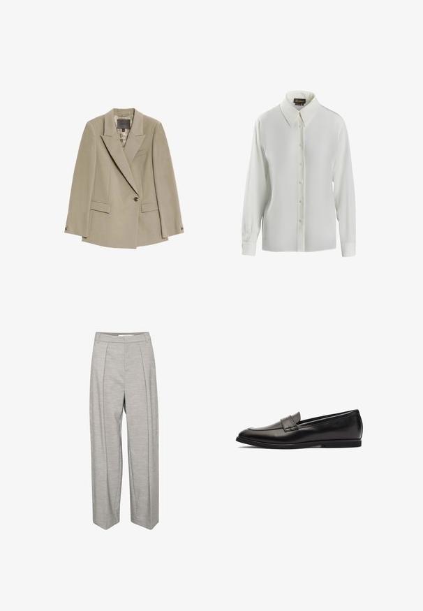 Blazer beige de botón único con solapas anchas, dos bolsillos frontales con solapa y un bolsillo de pechera, con un forro interior estampado.; Luisa Spagnoli LIMONAIA - Blusa - panna; Pantalones de pierna ancha gris claro con una textura suave, que presentan dos pliegues frontales, una cintura y patas rectas.; Mocasín de cuero negro con un acabado suave, puntera redonda y acentos de costura doble en la parte superior. Suela de goma plana para mayor comodidad.