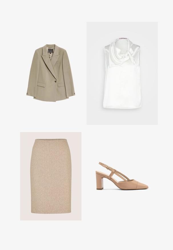 Beiger Ein-Knopf-Blazer mit breiten Revers, zwei aufgesetzten Fronttaschen und einer Brustpaspeltasche, versehen mit einem gemusterten Innenfutter.; Anna Field by Zalando Bluse - white; Beiger knielanger Bleistiftrock mit dezentem Fischgrätmuster und ohne sichtbare Nähte oder Verzierungen.; Beige Leder Slingback-Absätze mit einer spitzen Zehenform, Blockabsatz und einem Riemen mit einer kleinen goldenen Schnalle. Glatte Textur, minimalistisches Design.