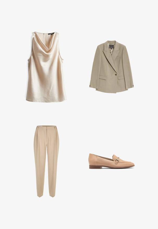 Blazer beige à bouton unique avec larges revers, deux poches à rabat à l'avant et une poche poitrine passepoilée, doté d'une doublure intérieure à motif.; Haut sans manches à col drapé en beige clair, en tissu texturé avec un subtil éclat. Présente une fermeture éclair au dos et une coupe ample.; Pantalons beiges sur mesure avec passants de ceinture, jambes droites et fermeture cachée à l'avant, présentés sur fond blanc.; Mocassins en cuir beige avec un petit talon, présentant un design cousu et un petit accent en métal argenté sur le dessus. Texture lisse.