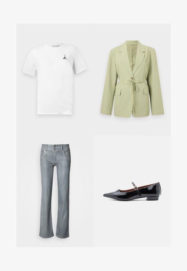 Hellgrüner, maßgeschneiderter Blazer mit langen Ärmeln, Revers mit Kerbkragen, Knopfverschluss, Stoffgürtel in der Taille und zwei vordere Pattentaschen.; Weißes Baumwoll-T-Shirt mit Rundhalsausschnitt, das auf der linken Brust ein kleines schwarzes Eiffel-Turm-Logo trägt. Kurze Ärmel und lockere Passform.; Graue Jeans aus Denim mit ausgestelltem Bein, ausgestattet mit zwei vorderen Taschen und einem doppelten Knopfverschluss an der Taille. Glatte Textur und sauberes Finish.; Schwarze Lackleder-Mary-Jane-Ballerinas mit spitz zulaufender Zehenpartie und kleinem Absatz, ausgestattet mit einem verstellbaren Riemen mit goldfarbener Schnalle.