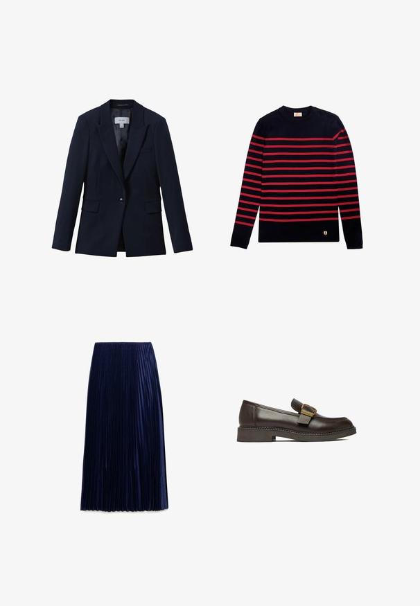 Marineblå blazer med enkelt knap, notched revers, to klaplommer foran og en brystlomme, designet til kvinder.; Marine-stribet sweater med røde vandrette striber, lange ærmer og skulderknapdetalje. Har et lille ankeremblem i kanten.; Mørkeblå plisseret midi-nederdel lavet af letvægtsstof med en glat overflade, der har jævnt fordelt lodrette folder og en elastisk talje.; Mørkebrune læderloafers med tyk sål og en fremtrædende guldbeslået rem tværs over toppen, vist fra siden på hvid baggrund.