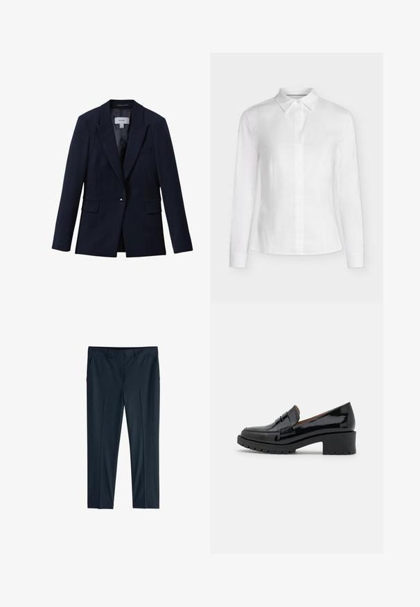 Marineblå blazer med enkelt knap, notched revers, to klaplommer foran og en brystlomme, designet til kvinder.; Hvid tætsiddende bluse med lange ærmer, spids krave, knappet foran og skræddersyede sømme, vist på en ensfarvet baggrund.; Sorte, formelle bukser med lige ben, bæltestropper og forstykker, lagt fladt på en hvid baggrund.; Sorte patenterede lædersko med en lav, chunky hæl, der har en frontrem detail og en tekstureret gummisål for godt greb.