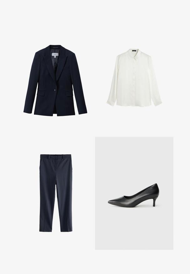 Blazer azul marino de un solo botón con solapas con muesca, dos bolsillos delanteros con solapas y un bolsillo en el pecho, diseñado para mujeres.; Blusa blanca de manga larga hecha de una tela suave, con cuello clásico, cierre frontal de botones y puños abotonados. Diseño simple y minimalista.; Pantalones de vestir azul marino hechos a medida con trabillas para cinturón, bolsillos delanteros y corte recto.; Zapato de tacón puntiagudo de cuero negro con un tacón bajo en forma de cono, textura suave y un corte bajo en la parte superior para mayor visibilidad del pie.