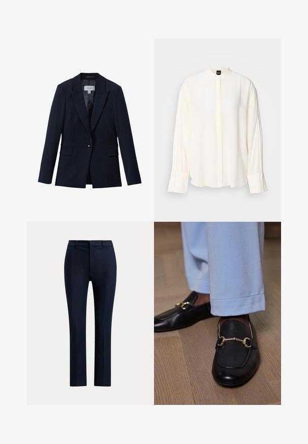 Marineblå blazer med enkelt knap, notched revers, to klaplommer foran og en brystlomme, designet til kvinder.; Langærmet, cremefarvet bluse lavet af glat stof; mandarin-krave, forflap, knappede ærmekanter og en afslappet pasform.; Marineblå skræddersyede bukser med lige ben, bæltestropper og lynlåslukning foran.; Sorte læder loafers med guld metalbit detalje båret med lyseblå bukser på trægulv.