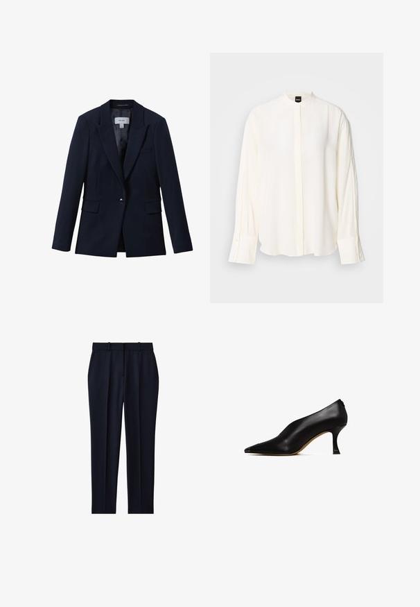 Marineblauwe blazer met één knoop, notched revers, twee voorzakken met klep en een borstzak, ontworpen voor dames.; Lange mouwen, crèmekleurige blouse gemaakt van gladde stof; mandarina-kraag, voorste beleg, geruite manchetten en een losse pasvorm.; Marineblauwe op maat gemaakte broek met riemlussen, zijzakken, voorplooi en rechte pijpen.; Zwarte leren hoge hak schoen met een spitse neus en een slanke, gebogen hak. Kenmerkt zich door een gladde textuur en een minimalistisch ontwerp.