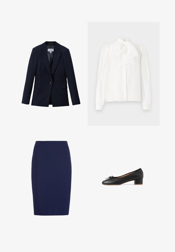 Blazer azul marino de un solo botón con solapas con muesca, dos bolsillos delanteros con solapas y un bolsillo en el pecho, diseñado para mujeres.; Blusa blanca con un cuello alto, detalle de lazo, mangas largas con puños abotonados y una tela texturizada a rayas.; Falda lápiz azul marino hasta la rodilla con cintura ajustada y sutiles detalles de costuras verticales.; Bailarina de piel negra con punta redondeada, pequeño tacón cuadrado y ribete de tela. Presenta un lazo decorativo en la zona de los dedos.
