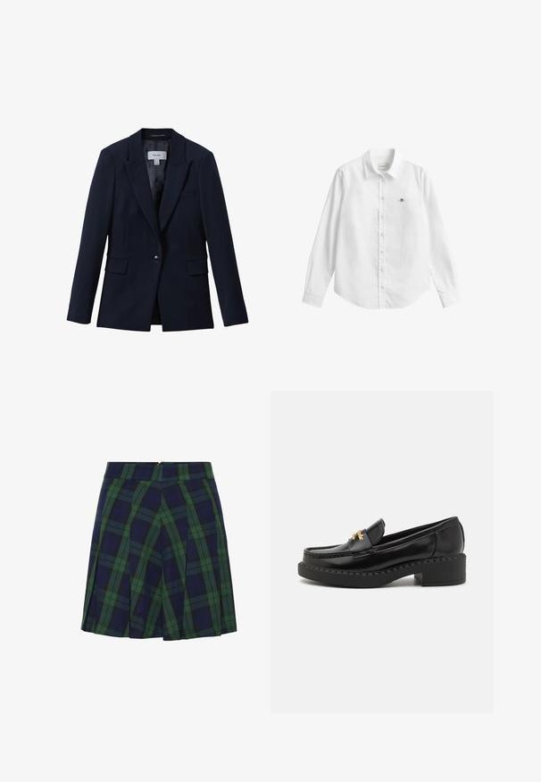 Marineblå blazer med enkelt knap, notched revers, to klaplommer foran og en brystlomme, designet til kvinder.; Hvid skjorte med lange ærmer og knapper lavet af stof med en let tekstur. Har en frontlomme med en lille broderet logo og en klassisk krave.; Mørkeblå og grøn plisseret nederdel med tartanmønster og lynlåslukning bagpå.; Sort patenteret læder loafersko med guldhardware, stikningdetaljer og en kraftig hæl. Glat overflade og strømlinet design.