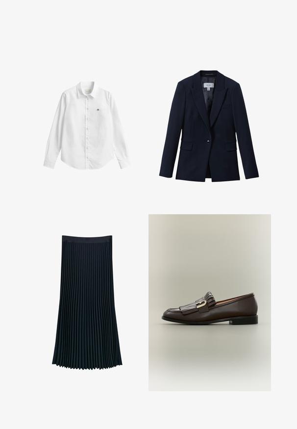 Blazer azul marino de un solo botón con solapas con muesca, dos bolsillos delanteros con solapas y un bolsillo en el pecho, diseñado para mujeres.; Camisa blanca de manga larga con botones, confeccionada en tela con una ligera textura. Cuenta con un bolsillo frontal con un pequeño logo bordado y un cuello clásico.; Falda plisada en tela azul marino oscuro, con una cinturilla lisa y plisados verticales que aportan textura y movimiento, con una silueta fluida.; Mocasín de cuero marrón oscuro con detalle de flecos y hebilla dorada sobre un fondo neutro, vista lateral.