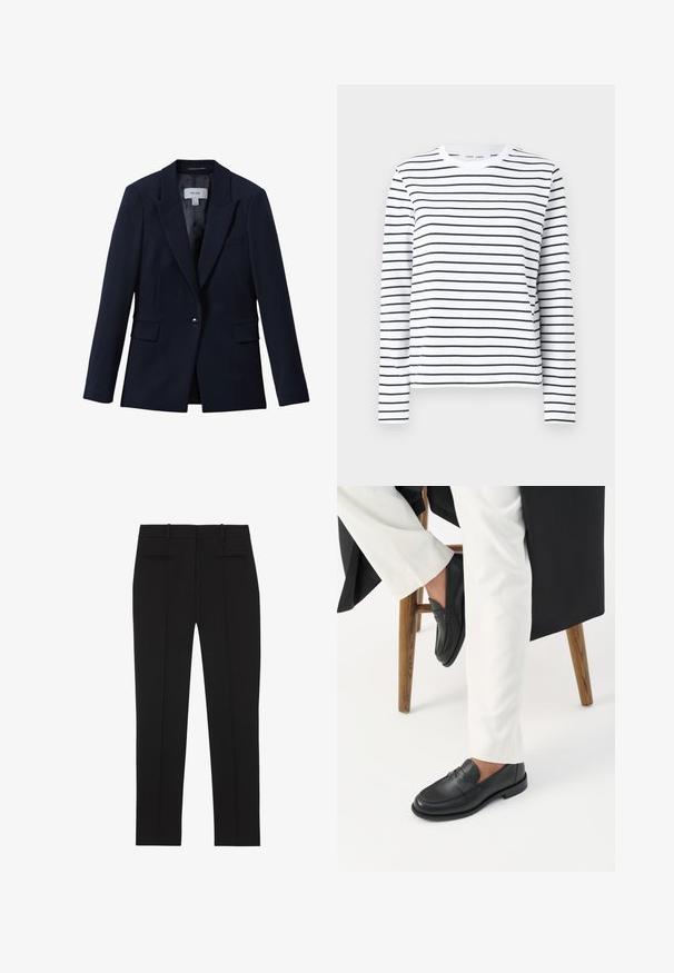 Blazer azul marino de un solo botón con solapas con muesca, dos bolsillos delanteros con solapas y un bolsillo en el pecho, diseñado para mujeres.; Camisa de manga larga en algodón blanco con rayas horizontales negras. Presenta un cuello redondo y un corte relajado. Sin acentos o patrones notables.; Pantalones negros hechos a medida de pierna recta con cinturilla para correa y dos bolsillos de ojal en la parte trasera, diseñados para vestimenta formal.; Persona con mocasines de cuero negro y pantalones blancos sentada en un taburete de madera contra un fondo blanco.