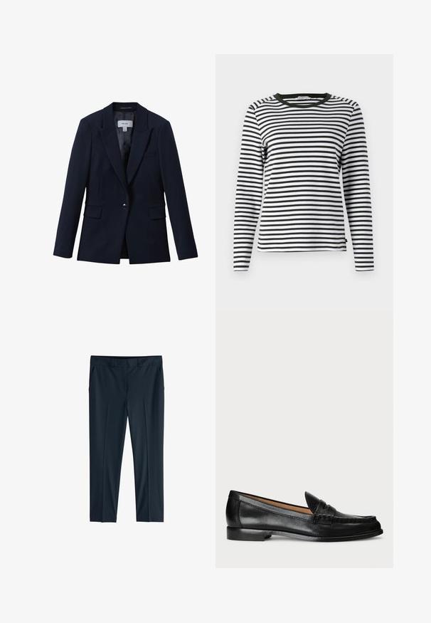 Marineblauwe blazer met één knoop, notched revers, twee voorzakken met klep en een borstzak, ontworpen voor dames.; Langsleeve shirt in zwart-witte strepen, met een ronde groene halslijn. Zachte stof met een normale pasvorm en rechte zoom.; Donkerblauwe op maat gemaakte broek met riemlussen, zijzakken en een rechte pijp.; Lauren Ralph Lauren WYNNIE - Instappers - black