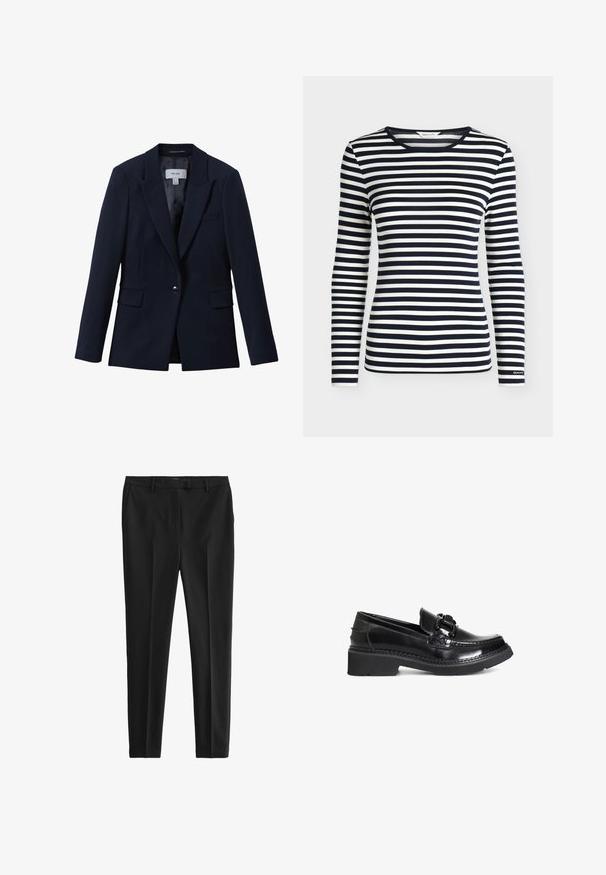 Blazer azul marino de un solo botón con solapas con muesca, dos bolsillos delanteros con solapas y un bolsillo en el pecho, diseñado para mujeres.; Camisa de manga larga con rayas horizontales en azul marino y blanco y cuello redondo, con la marca GANT en el puño de la manga.; Pantalones negros en una tela suave y ligera. Presentan un corte ajustado, pliegues delanteros y cinturilla estándar con bolsillos laterales y traseros.; Mocasines de charol negro con puntera redonda, un acento trenzado y una suela de goma negra gruesa. Textura suave y diseño elegante.