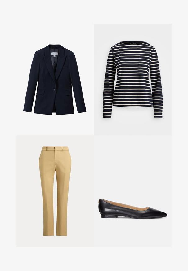 Blazer azul marino de un solo botón con solapas con muesca, dos bolsillos delanteros con solapas y un bolsillo en el pecho, diseñado para mujeres.; Camisa de manga larga azul marino con rayas horizontales blancas, escote redondo y un pequeño bolsillo en el pecho. Presenta detalles de botones en el hombro.; Pantalones beige de corte recto con trabillas para cinturón, pliegue delantero y cintura lisa sobre un fondo liso.; Bailarinas de cuero negro con punta afilada, tacón bajo y un acento dorado en el tacón. Textura suave con una silueta clásica.