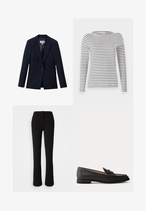 Marineblå blazer med enkelt knap, notched revers, to klaplommer foran og en brystlomme, designet til kvinder.; Langærmet stribet skjorte lavet af blødt stof, med marineblå og hvide vandrette striber, rund halsudskæring og en slim-fit design.; Sorte bukser lavet af et glat stof, med et lige ben design, frontlommer og en standard talje med en bæltestrop.; Sort dames loafer i læder med lav hæl, rundet tå og syninger på overdelen, vist fra siden på en ensfarvet baggrund.