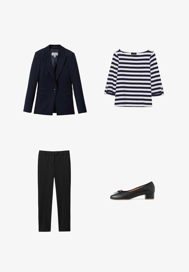 Blazer azul marino de un solo botón con solapas con muesca, dos bolsillos delanteros con solapas y un bolsillo en el pecho, diseñado para mujeres.; Camiseta de manga larga a rayas en azul marino y blanco, con escote barco y acentos de botones dorados en las mangas enrolladas. Tejido suave y corte relajado.; Pantalones negros con un diseño ajustado, con frente plano, dos bolsillos laterales y corte recto. Fabricados en un tejido suave con un brillo sutil.; Bailarina de piel negra con punta redondeada, pequeño tacón cuadrado y ribete de tela. Presenta un lazo decorativo en la zona de los dedos.