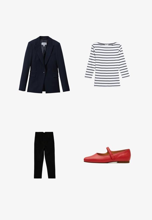 Marineblå blazer med enkelt knap, notched revers, to klaplommer foran og en brystlomme, designet til kvinder.; Marks & Spencer STRIPED SLASH NECK - Langærmet T-shirt - white mix; Sorte skræddersyede ankelkorte bukser med sidelommer og let tilspidset ben, vist fladt på en hvid baggrund.; Røde læder Mary Jane flade sko med en rund tå, flad hæl og en enkelt velcro-rem over vristen. Glat tekstur, minimalistisk design.