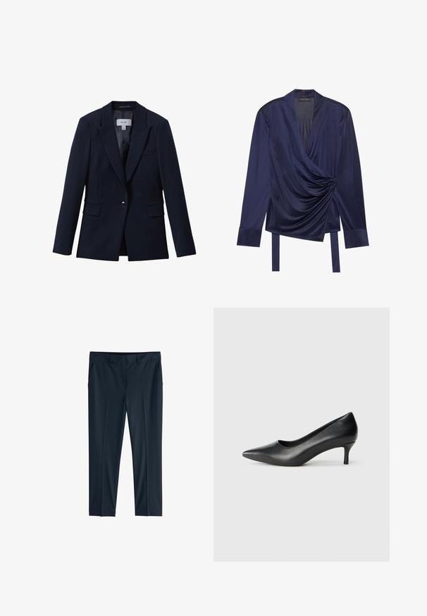 Marineblå blazer med enkelt knap, notched revers, to klaplommer foran og en brystlomme, designet til kvinder.; Anna Field by Zalando Langærmet T-shirt - dark blue; Mørk navy tilpassede bukser med bæltestropper, sidelommer og lige ben pasform.; Sorte læder pumps med spids tese og en lav, kegleformet hæl, glat tekstur og en lav skæring i overdelen for synlighed af foden.