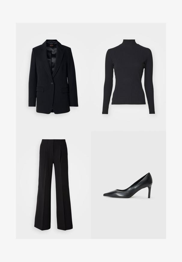 Schwarzer Blazer mit Reverskragen, einem Knopfverschluss, zwei frontalen Taschen und einem glatten Satinfutter. Taillierte Passform und strukturiertes Design.; Schwarzes, geripptes Rollkragenoberteil mit langen Ärmeln. Aus dehnbarem Stoff mit figurbetonter Passform und hohem Kragen. Einfaches Design ohne Verzierungen.; Schwarze Hose aus glattem Stoff, mit hohem Bund, weitem Schnitt und zwei vorderen Falten für zusätzlichen Designakzent.; Schwarze Leder-Pumps mit spitzem Zehenbereich und schmalem Absatz, glatter Textur und ohne sichtbare Verzierungen. Sauberes Design mit minimalistischem Ästhetik.