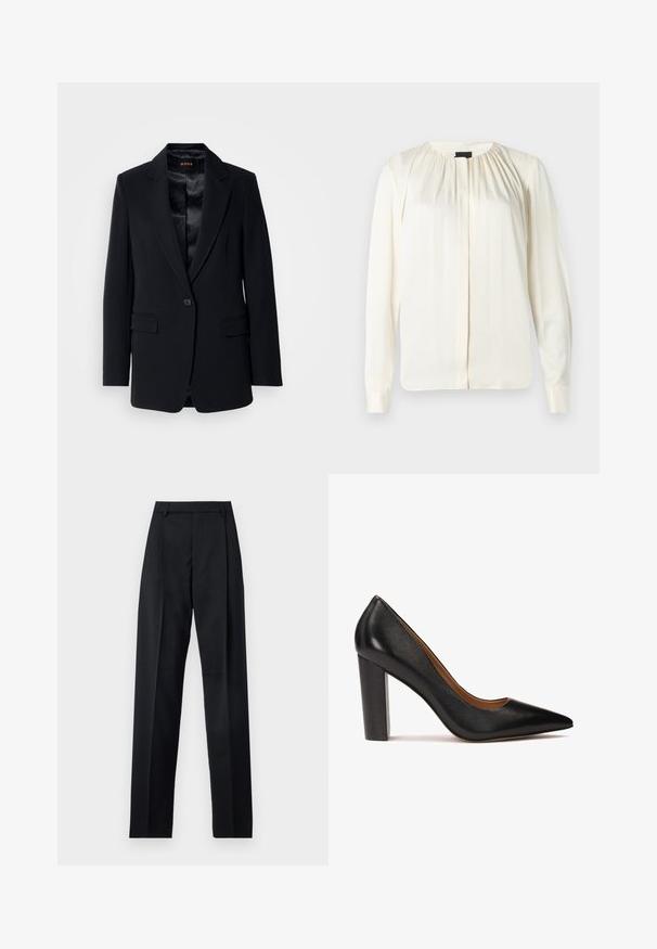 Sort blazer med v-spids krave, enkelt knaplukning, to forlommer og en glat satinforing. Skræddersyet pasform og struktureret design.; Langærmet bluse i off-white silke. Har en rund halsudskæring, bløde plisseringer ved skuldrene og knaplukninger ved ærmerne. Glat tekstur og minimalistisk design.; Sorte bukser lavet af glat stof, der har høj talje, brede ben, frontfolder og klassiske bælteløkker. Ingen synlige sidelommer.; Sorte læder højhælede pumps med spids tå, tekstureret overflade og en kraftig blokhæl. Enkel design med en glat indvendig foring.