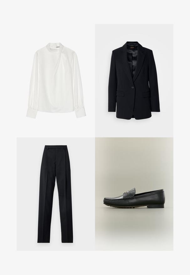 Sort blazer med v-spids krave, enkelt knaplukning, to forlommer og en glat satinforing. Skræddersyet pasform og struktureret design.; Hvid bluse med høj hals, lange puffærmer og lynlås bagpå. Glat stof med en let glans og subtil drapering.; Sorte bukser lavet af glat stof, der har høj talje, brede ben, frontfolder og klassiske bælteløkker. Ingen synlige sidelommer.; Sort læderloafer med mokkasyning, lav hæl og guldfarvet metaldetalje på remmen, vist i profil på beige baggrund.