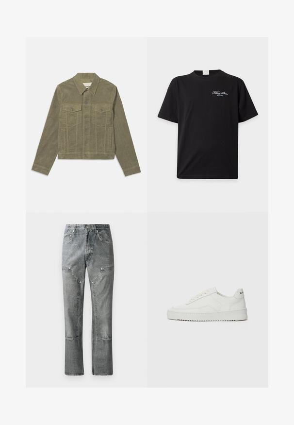 Veste en velours côtelé vert olive avec un col classique, fermeture à bouton à l'avant, deux poches poitrine et poches latérales ; détail en tissu texturé.; T-shirt noir à manches courtes avec un petit texte blanc en cursive "Filling Pieces" sur la poitrine gauche et une étiquette de taille à l'intérieur du col.; Jean en denim gris à coupe droite, avec poches avant, coutures visibles et finition décolorée. Le matériau a une texture lisse.; Baskets en cuir blanc avec une finition lisse, bout arrondi, lacets plats et semelle texturée. Présente un logo discret sur le talon.
