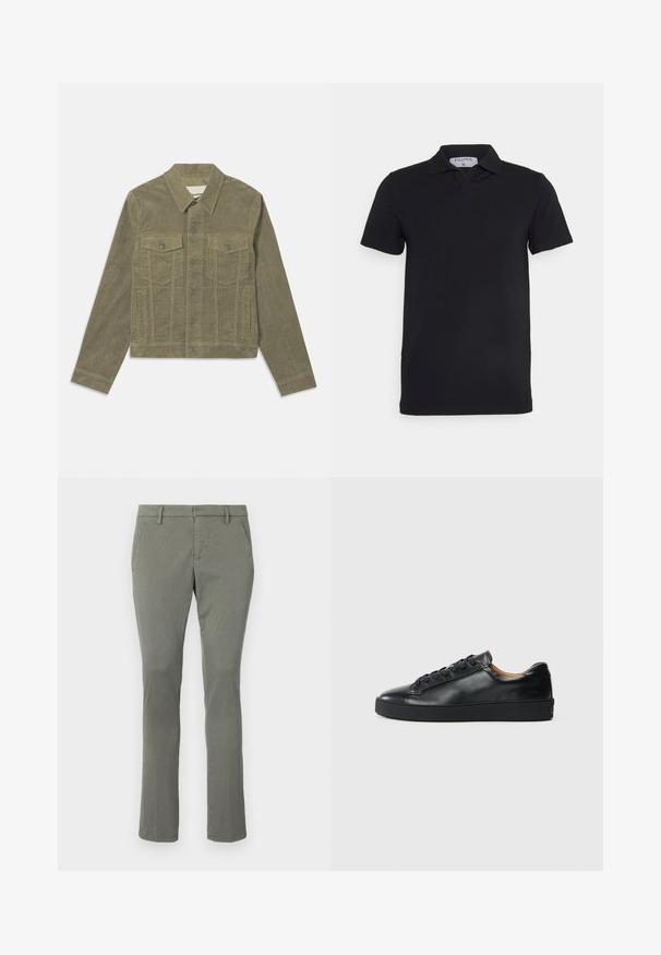 Veste en velours côtelé vert olive avec un col classique, fermeture à bouton à l'avant, deux poches poitrine et poches latérales ; détail en tissu texturé.; Polo noir à manches courtes avec un col classique, fabriqué en tissu lisse. Présente une étiquette avec le nom de la marque 'Filippa K' au niveau de l'encolure.; Chinos gris avec une coupe droite, dotés de deux poches latérales et d'une taille épurée. Fabriqués à partir d'un tissu lisse et léger.; Baskets en cuir noir avec une texture lisse, bout rond et fermeture à lacets. Comprend une semelle en caoutchouc épaisse et un minimum de détails de marque.