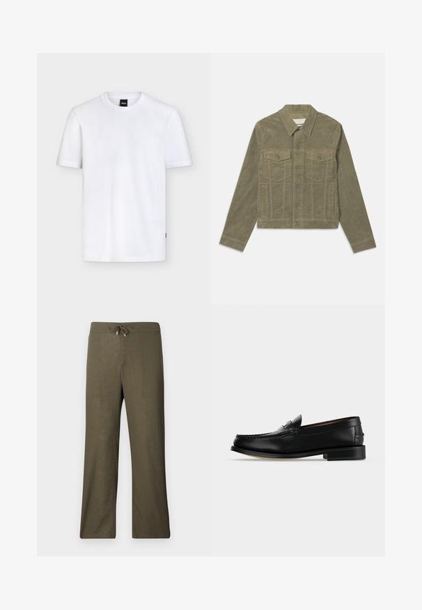Olivgrüne Cord-Jacke mit klassischem Kragen, vorderem Druckverschluss, zwei Brusttaschen und seitlichen Taschen; strukturierter Stoffdetails.; Schlichtes weißes T-Shirt mit kurzen Ärmeln und Rundhalsausschnitt, mit einem kleinen schwarzen Markenetikett am Kragen und dezenter Stoffstruktur.; Locker sitzende, olivgrüne Leinenhosen mit einem Kordelzugbund und weitem Bein. Glatte Textur, minimalistisches Design, keine sichtbaren Muster oder Akzente.; Schwarzer Leder-Herrenschuh (Loafer) mit niedrigem Absatz und Mokassin-artiger Naht am Zehenbereich, seitlich auf einfarbigem Hintergrund dargestellt.