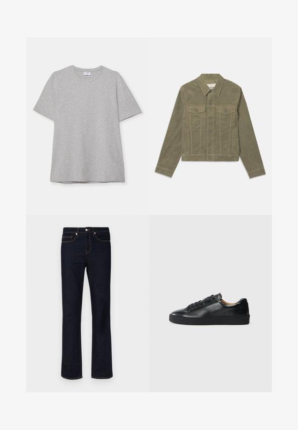 Olivengrønt fløjlskop med klassisk krave, frontlukning med knapper, to brystlommer og sidelommer; tekstureret stofdetalje.; Grå kortærmet T-shirt lavet af blødt, struktureret stof. Har en klassisk rund hals og en lige kant, velegnet til afslappet brug.; Mørkeblå lige ben denim jeans med orange syninger, frontknap, lynlås og fem-lomme design på en hvid baggrund.; Sorte lædersneakers med en glat overflade, rund tå og snørebåndslukning. Har en tyk gummisål og minimal branddetalje.