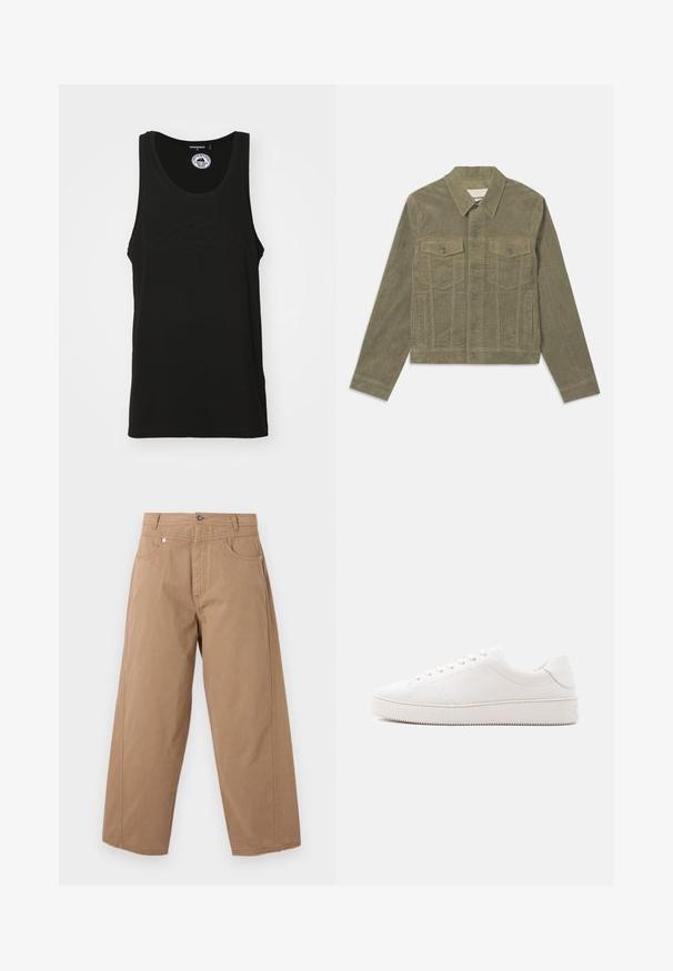 Olivengrønt fløjlskop med klassisk krave, frontlukning med knapper, to brystlommer og sidelommer; tekstureret stofdetalje.; Sort ærmeløs tank top lavet af bomuld med en rund halsudskæring og prægede logo detaljer foran. Rent, minimalisk design.; Beige bukser med vide ben, foran med knap- og lynlåslukning, to forlommer og synlige sømme på en hvid baggrund.; Hvid lædersneaker med en glat overflade, rund tå, seks-huls snørebånd og en struktureret gummisål. Minimalistisk design uden mønstre.