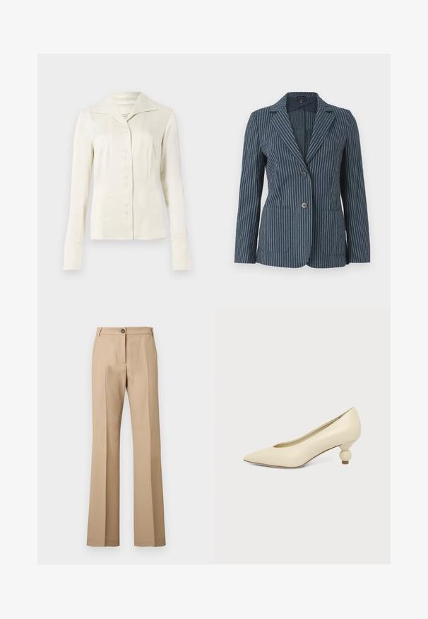 Blå blazer med hvide lodrette nålestriber, to forreste knapper, ikkechedede reverser og to påsatte lommer, vist på en ensfarvet baggrund.; Off-white langærmet skjorte med knapper, bred krave og figursyet talje, præsenteret mod en plain lys baggrund.; Beige bukser med lige ben, forreste pressefolder, knaplukning og bæltestropper, vist mod en ensfarvet baggrund.; Kremfarvet damesko med spids snude og lav hæl, hvor hælen er rund og kugleformet, på en ensfarvet baggrund.