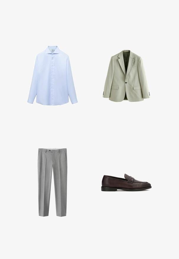 Blazer gris claro de un solo botón con solapas con muesca, un botón negro, dos bolsillos con solapa y un bolsillo de ojal en el pecho, mostrado sobre fondo blanco.; Camisa de manga larga azul clara en un tejido suave, con cuello puntiagudo y botonera completa con botones blancos. Sin estampados ni acentos.; Pantalones de vestir para hombre en gris claro con trabillas para cinturón, bolsillos delanteros, cierre con botón y cremallera, y pliegues marcados en cada pierna.; Zapato tipo mocasín para hombre de cuero marrón oscuro con tacón bajo, costura moc toe y detalle de correa en la parte superior, mostrado de perfil sobre fondo blanco.
