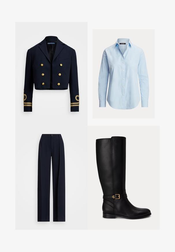 Chaqueta tipo marinero corta, fabricada en un tejido suave, con botones dobles de color dorado y acentos bordados en dorado en las mangas.; Camisa azul claro de manga larga con cuello, botones blancos y logo sutil en el lado izquierdo del pecho.; Pantalones de pierna ancha en color marino con pliegues, cierre de botón y una textura de tela suave. Diseñados para un ajuste suelto y cómodo.; Bota negra de cuero hasta la rodilla con tacón bajo, hebilla dorada y pequeño logo en relieve en la correa lateral.