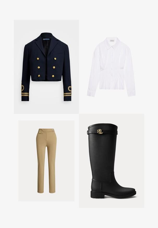 Marinblå cropped jakke lavet af glat stof, med gyldne dobbeltknapper og gyldne broderede detaljer på ærmerne.; Hvid langærmet bluse med klassisk krave, knaplukning foran og samlede side detaljer. Glat stof med en skræddersyet form.; Beige skræddersyede bukser med en glat tekstur, høj talje, to dekorative knapper og en enkelt baglomme. Lige ben-design.; Sort knæhøj gummistøvle med lav hæl og en guldfarvet RLL-logo spænde nær toppen på en ensartet lys baggrund.