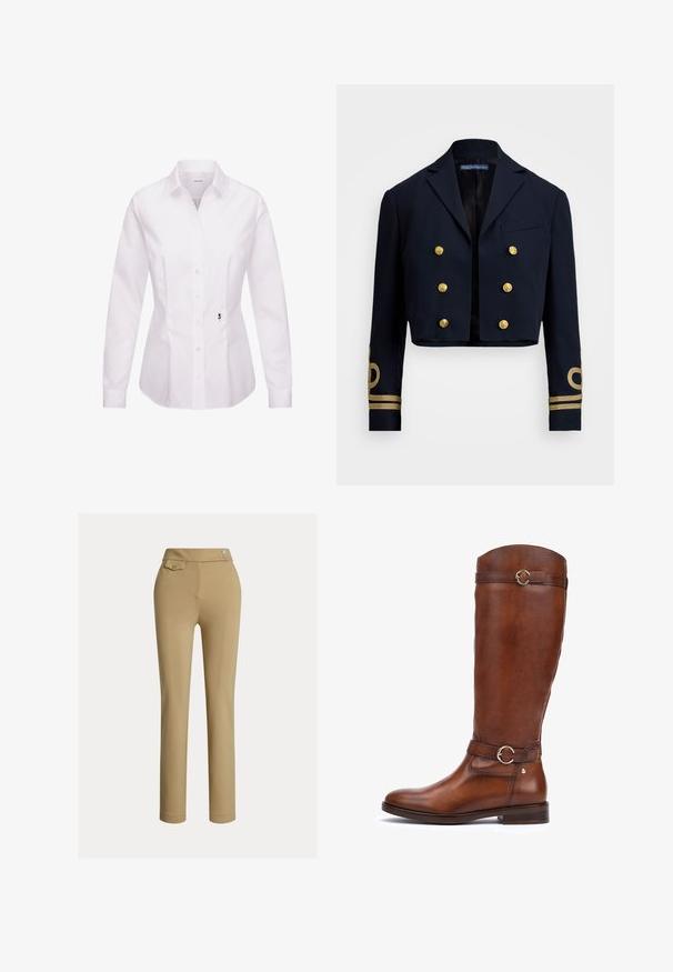 Marinblå cropped jakke lavet af glat stof, med gyldne dobbeltknapper og gyldne broderede detaljer på ærmerne.; Hvid langærmet skjorte med knapper, klassisk krave, frontplade, sidesømme og en sort broderet rosedetalje nær kanten.; Beige slim-fit kvindebukser med høj talje, to knapper i siden og en lille lomme med knap nær taljebåndet.; Brune læderstøvler til knæene med en glat finish, en rundt tå, et dekorativt bælte med en cirkulær spænde, og en lav stablet hæl.
