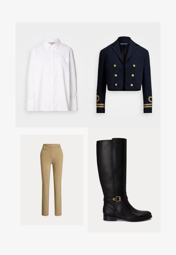 Marineblauwe cropped jas van gladde stof, met gouden dubbelknopen en gouden geborduurde accenten op de mouwen.; Witte button-up shirt van katoen. Bevat een kraag, lange mouwen, een borstzak en een subtiele textuur. Eenvoudig ontwerp zonder patronen.; Beige op maat gemaakte broek met een zachte textuur, hoge taille, twee decoratieve knopen en een enkele achterzak. Recht gesneden ontwerp.; Zwarte kniehoge leren laars met lage hak, gouden gesp en klein reliëflogo op de zijriem.
