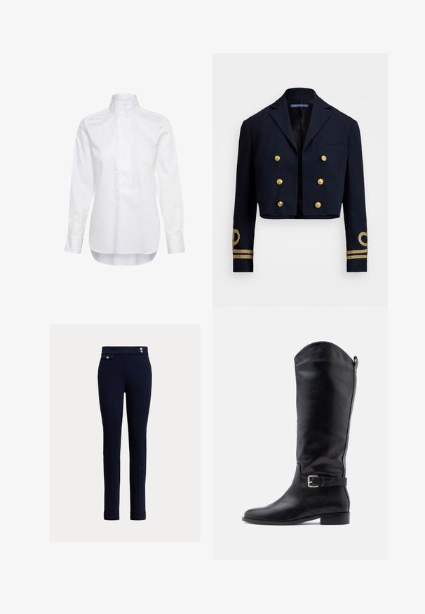 Veste coupée marine en tissu lisse, dotée de boutons dorés à double boutonnage et d'accents brodés dorés sur les manches.; Chemise blanche à manches longues avec un col montant et deux boutons, dotée d’une patte de boutonnage à l’avant et d’un ourlet légèrement arrondi.; Un pantalon slim-fit bleu marine avec taille haute, présentant des boutons décoratifs et une petite poche rabat sur le côté droit.; Botte haute en cuir noir avec talon bas, bout arrondi, bride latérale avec boucle et languette de tirage sur une tige lisse, sur fond blanc.