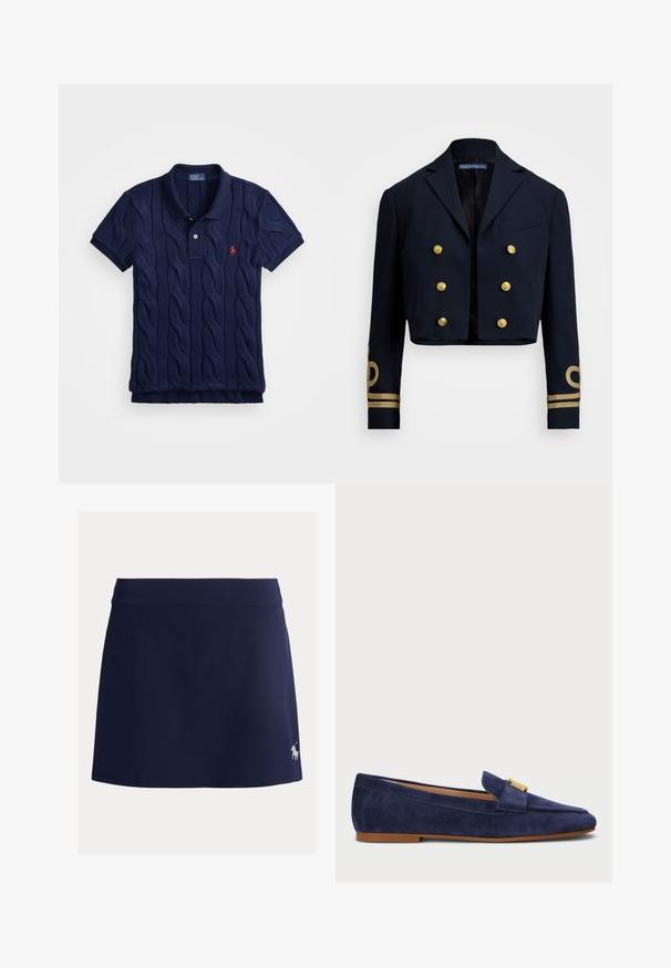 Chaqueta tipo marinero corta, fabricada en un tejido suave, con botones dobles de color dorado y acentos bordados en dorado en las mangas.; Polo de color azul marino hecho de tejido de punto que presenta un patrón de trenzado, tapeta de dos botones y un pequeño emblema rojo en el lado izquierdo del pecho.; Skort azul marino confeccionado con tela elástica, que presenta una cintura ancha y un pequeño logo blanco de un caballo en el lado inferior izquierdo.; Mocasines de ante azul marino con una Silueta esbelta, con un detalle de metal en tono dorado en el empeine y una suela de goma plana.