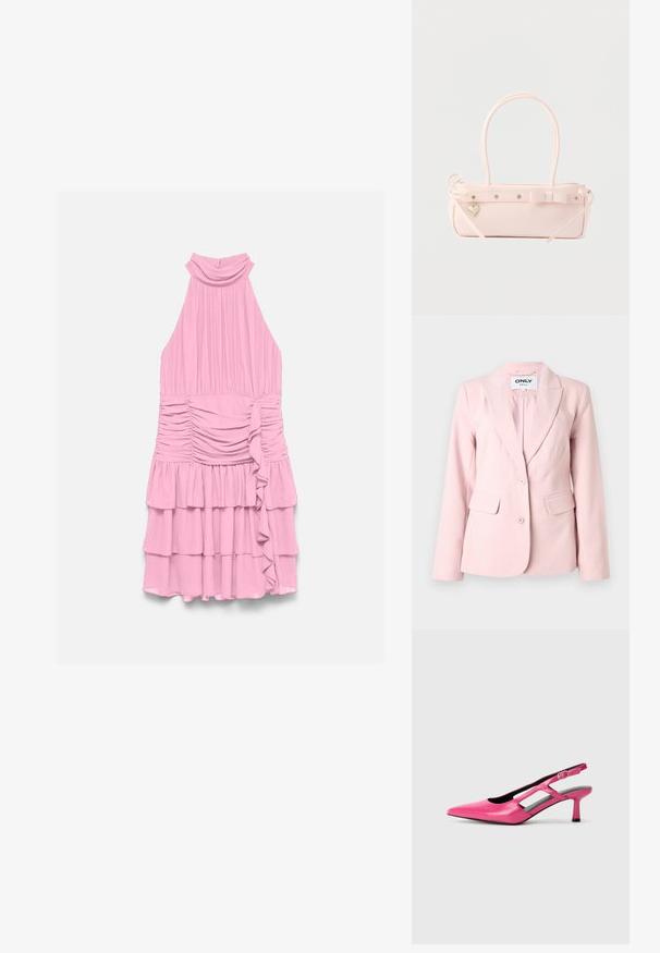 Lichtroze, op maat gemaakte damesblazer met ingesneden revers, twee knopen en klepzakken aan beide zijden.; Roze mouwloze halterjurk met hoge halslijn, geplooide taille en gelaagde gerafelde rok met asymmetrisch gerafeld detail aan één kant.; Roze leren slingback pump met een spitse neus, uitsnijdingen en een lage hak. Gladde textuur en verstelbare gespsluiting.; Bleekroze rechthoekige handtas met dubbele handvatten, decoratieve strik, metalen oogjes en een klein hartvormig hangertje tegen een effen achtergrond.
