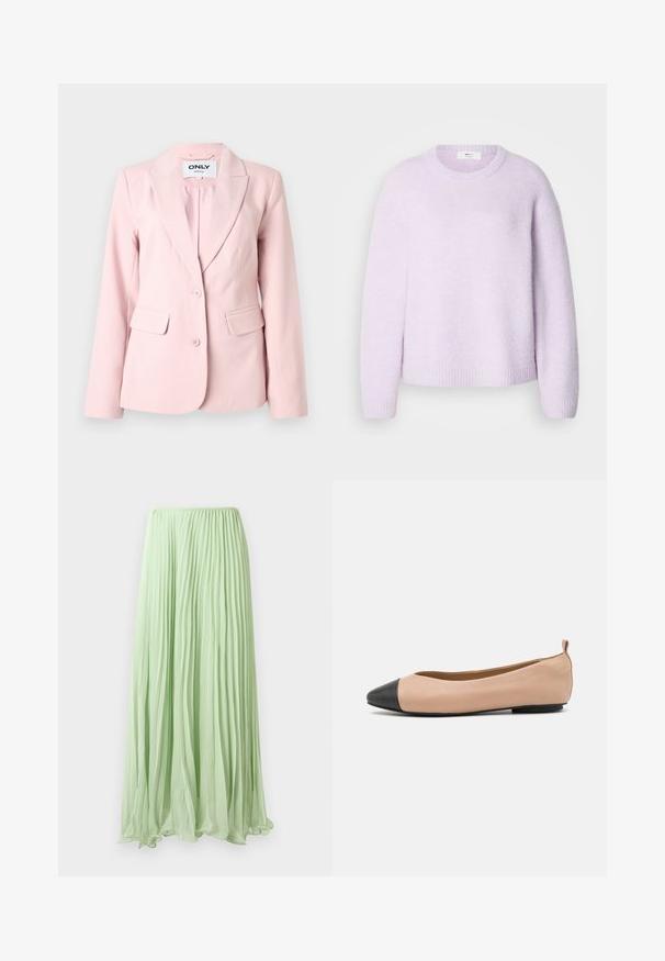 Lyserød skræddersyet dameblazer med hakkede revers, to knapper og klaplommer på hver side.; Lyse lilla sweater med rund halsudskæring, blød tekstur og ribstrikkede manchetter og kant; har en afslappet pasform og let sænkede skuldre.; Lys grøn plisseret lang skirt lavet af let stof med elastisk talje, præsenteret mod en hvid baggrund.; Læderballetflade med en nude farve og sort tætsko. Har et minimalistisk design, glat tekstur og en lille bagløkke for nem påføring.