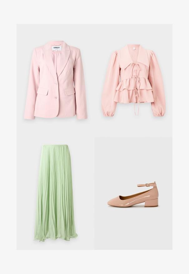 Blazer pour femmes sur mesure de couleur rose clair avec revers crantés, deux boutons et poches à rabat de chaque côté.; Blouse rose clair avec grand col, manches longues bouffantes, ourlet à volants superposés et trois liens à nouer à l'avant.; Jupe longue plissée vert clair avec un tissu fluide et une taille élastique, présentée sur un fond blanc.; Chaussure plate en cuir verni rose avec un bout arrondi, une bride à la cheville et un petit talon carré. Texture lisse et design minimaliste.