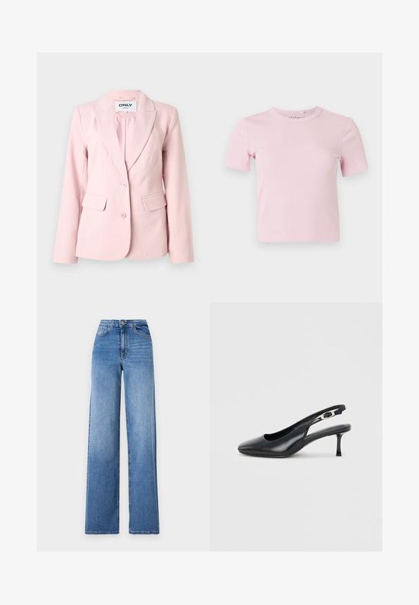 Hellrosa taillierter Damenblazer mit gekerbtem Revers, zwei Knöpfen und Pattentaschen auf jeder Seite.; Hellrosa kurzärmeliges, geripptes T-Shirt mit Rundhalsausschnitt und tailliertem Schnitt. Der Stoff hat eine weiche Textur und minimalistische Details.; Helleblaue, weit geschnittene Jeans aus Denim mit hoher Taille, Vorderaschen und einem normalen Knopfverschluss. Glatte Textur.; Schwarzer Slingback-Schuh aus Leder mit spitzer Kappe, niedrigem, schlankem Kitten-Heel und verstellbarem Schnallenriemen vor hellem, einfarbigem Hintergrund.