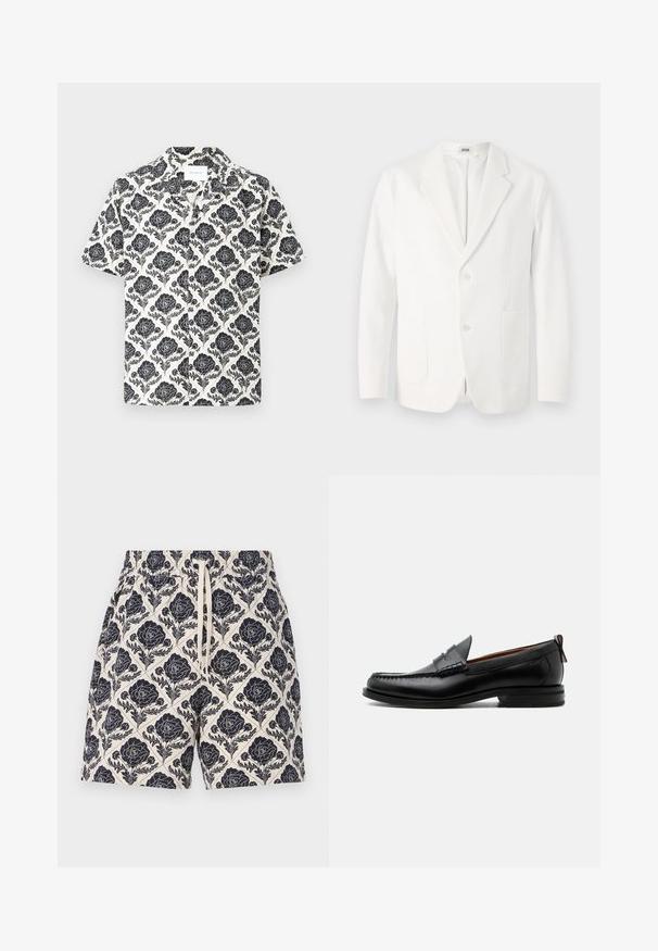 Hvid blazer lavet af glat stof, med somme lapel, to knapper og to forlommer. Enkel, skræddersyet design.; Kortærmet skjorte med blomstermønster i sort på cremefarvet baggrund, med krave og løs pasform.; Printede shorts i creme med et marineblåt blomstermønster, der har en elastisk talje og snøre, lavet af letvægtsstof.; Sort læder herre loafer med moc-tå syning, penny strop, struktureret krave og lav stablet hæl på hvid baggrund.