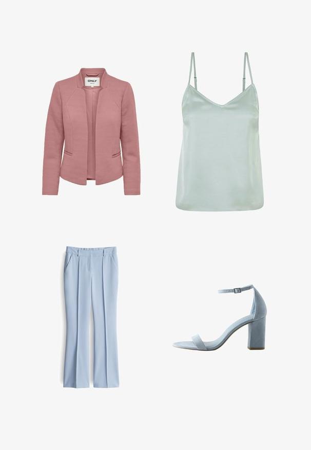 Roze blazer van textuurstof met een visgraatpatroon. Kenmerkt zich door een colleloze uitstraling en twee voorkeurs. Open voorkant stijl.; Lichtgroene satijnen camisole met verstelbare dunne schouderbandjes en een V-halslijn, met een gladde textuur en een ontspannen pasvorm.; Lichtblauwe flared broek van een gladde stof, met twee voorzakken, een platte voorkant en een getailleerde tailleband met riemlussen.; Lichtblauwe suède sandalen met hoge hak, enkelbandje, open teen en blokhak op een witte achtergrond.