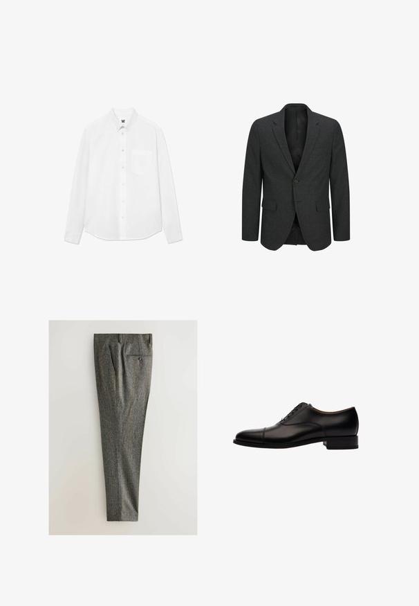 Mørkegrå blazer i tekstureret stof med to forreste lommer, enkeltknaplukning og sort foer. Skræddersyet design, klassisk revers.; Hvid langærmet skjorte med knapper, krave, forlommer og subtil tekstur. Frontlukning har knapper og et lille logo-detalje.; Grå houndstooth bukser lavet af tekstureret stof, med flad front, sidelommer og en baglomme med knap. Lige ben design.; Sort læder snøresko med rund tå, kap-tå detalje og en lav blokhæl. Glat tekstur med subtile syninger.
