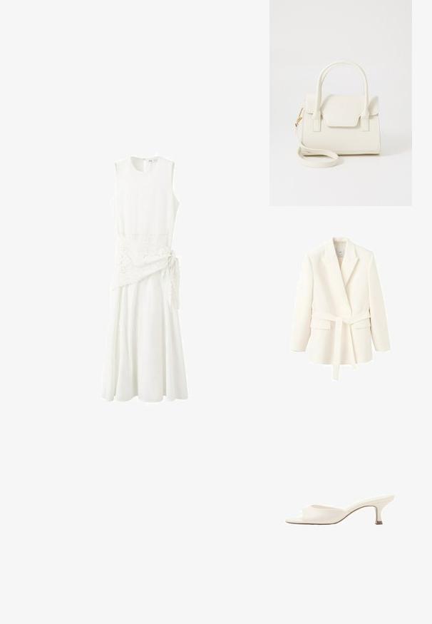 Blazer sur mesure couleur crème avec revers à encoche, manches longues, poches à rabat à l'avant et ceinture assortie nouée à la taille.; Robe midi blanche sans manches avec col rond et détail asymétrique brodé en forme de cache-cœur noué sur le côté.; Mule blanche en cuir à bout ouvert avec un petit talon fin et une semelle mince, vue de profil sur un fond blanc.; Petit sac à main blanc avec doubles poignées, rabat avant et bandoulière amovible avec boucle dorée sur fond blanc uni.