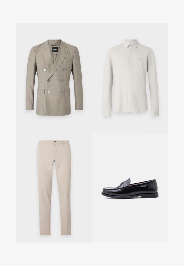 Beige dobbelknappet blazer med et tekstureret stof, to forlommer og metalknapper. Mærket viser "BOSS."; Lysegrå skjorte med knapper foran, tekstureret stof, krave og lange ærmer; har et diskret "BOSS"-logo på brystet.; Beige, smalle bukser med bæltestropper, knaplukning og frontlynlås, vist fladt mod en hvid baggrund.; Sorte læderloafer med en blank finish, der har et syet mønster på tåen og en lav, tekstureret sort gummisål.