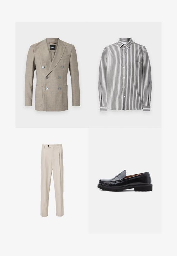 Beige dubbelzijdige blazer van een gestructureerde stof, met twee voorzakken en metalen knopen. Het label toont "BOSS."; Grijs en witte gestreepte lange mouwen shirt met een button-down kraag, voorzien van een borstzak en gestructureerde stof.; Beige op maat gemaakte broek met een recht model, voorzien van voorplooien, een knoopsluiting en een gladde stofstructuur.; Zwarte leren penny loafer met chunky rubberen zool en moc-toe stiksel, in profiel weergegeven op een witte achtergrond.